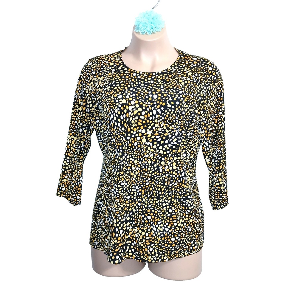 Susan Graver Printed Liquid Knit Tunic Top Women XL Yellow Black 3/4 Sleeve QVC